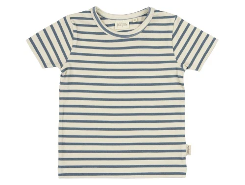 Råhvid og blå stribet t-shirt med korte ærmer fra Petiti Piao PP1722 Blue Mirage